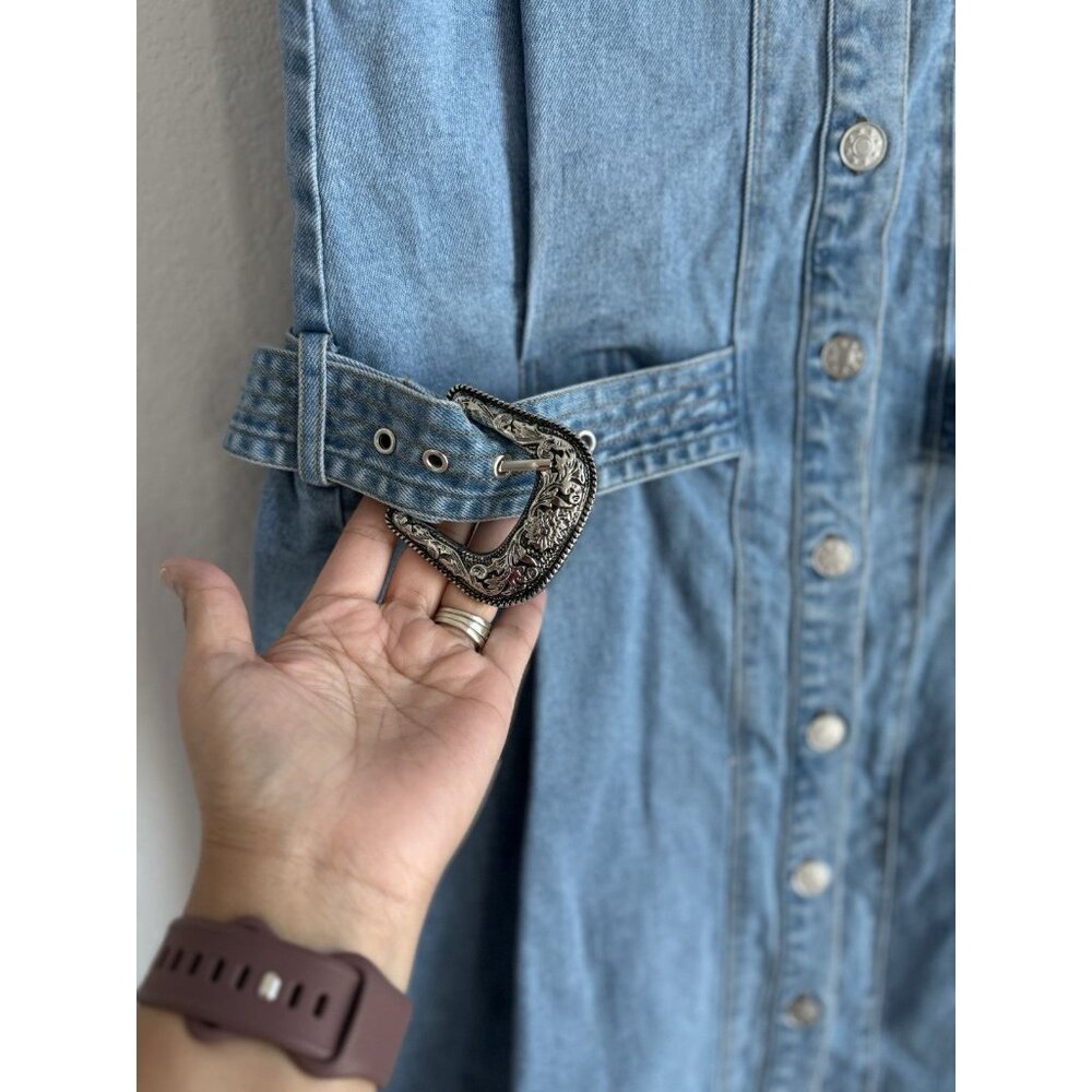 Blue B Denim Mini Dress Belt Buckle Straps Womens Large Festival Concert Western - Picture 10 of 16